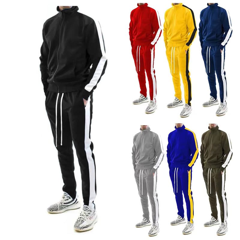 Men's Clothing Contrast Color Tracksuit Casual Stand Collar Sweatshirt And Drawstring Pants Zipper Long Sleeve Jacket And Trousers Men Set