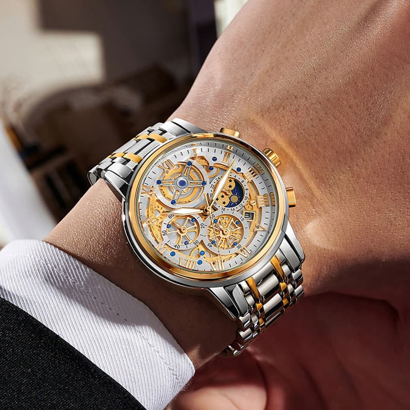 Quartz Watch Men's Large Dial Waterproof Fashion Hollowed Out Adult Steel Strap Watch