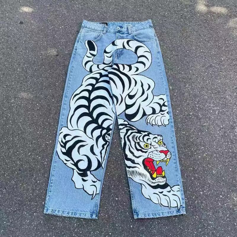 Men's Clothing Fashion brand ins men's straight trousers hip-hop jeans HIPHOP street dance graffiti white tiger print loose wide legs
