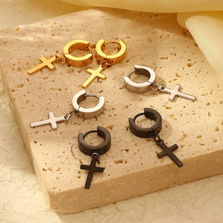 European and American fashion punk style trend stainless steel cross ear buckle unisex simple plating earrings wholesale