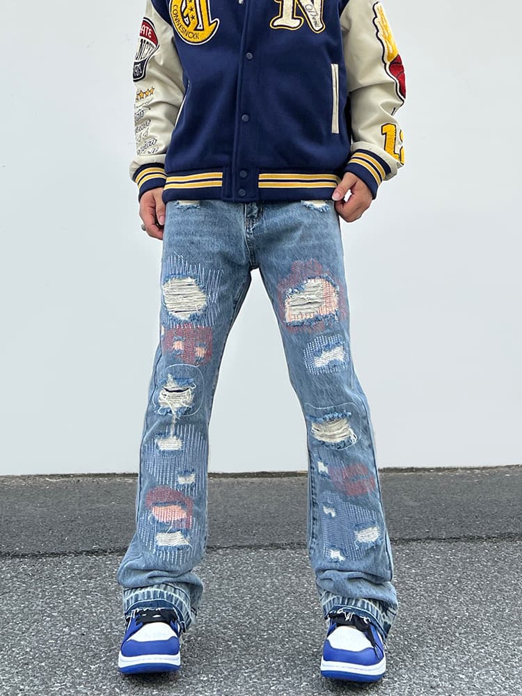 Hip Hop Patch Ripped Jeans Men's High Street Trend Embroidery Wide Straight Leg Loose Flared Pants Men