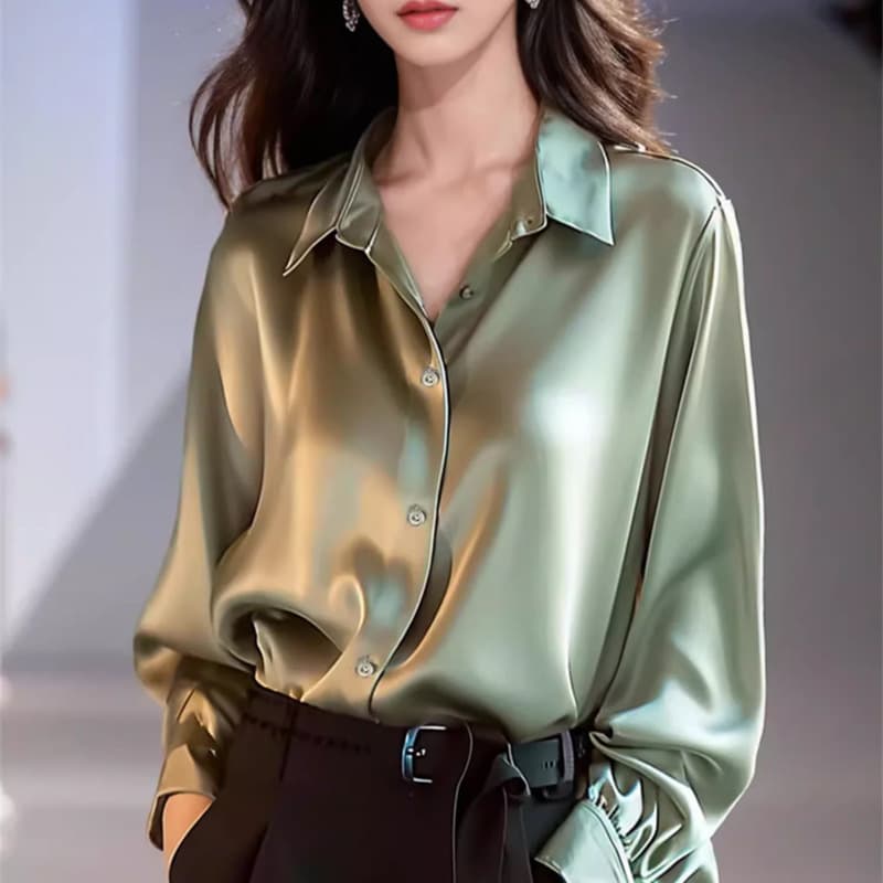 Women's Clothing solid color drape high end unique green acetate satin shirt