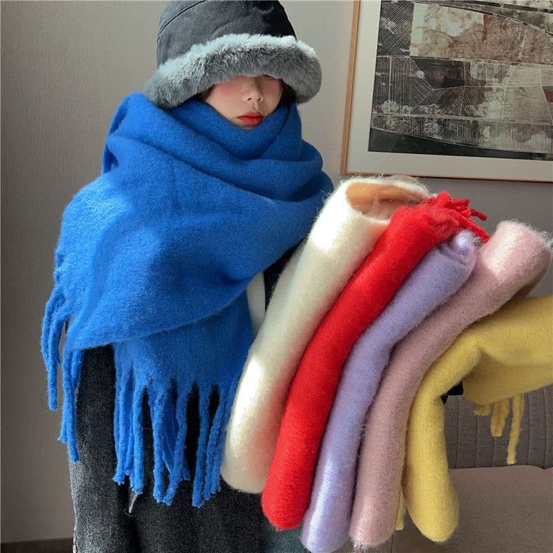 Scarf Women's Winter Solid Mohair Thickened New High Grade White Versatile Lazy Shawl Neck Scarf Warm Tide