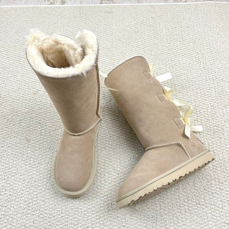 Bottes de neige mi-mollet à plateforme multi-nœuds pour femmes, collection 2026, chaudes, doublées de peluche, faciles à enfiler.