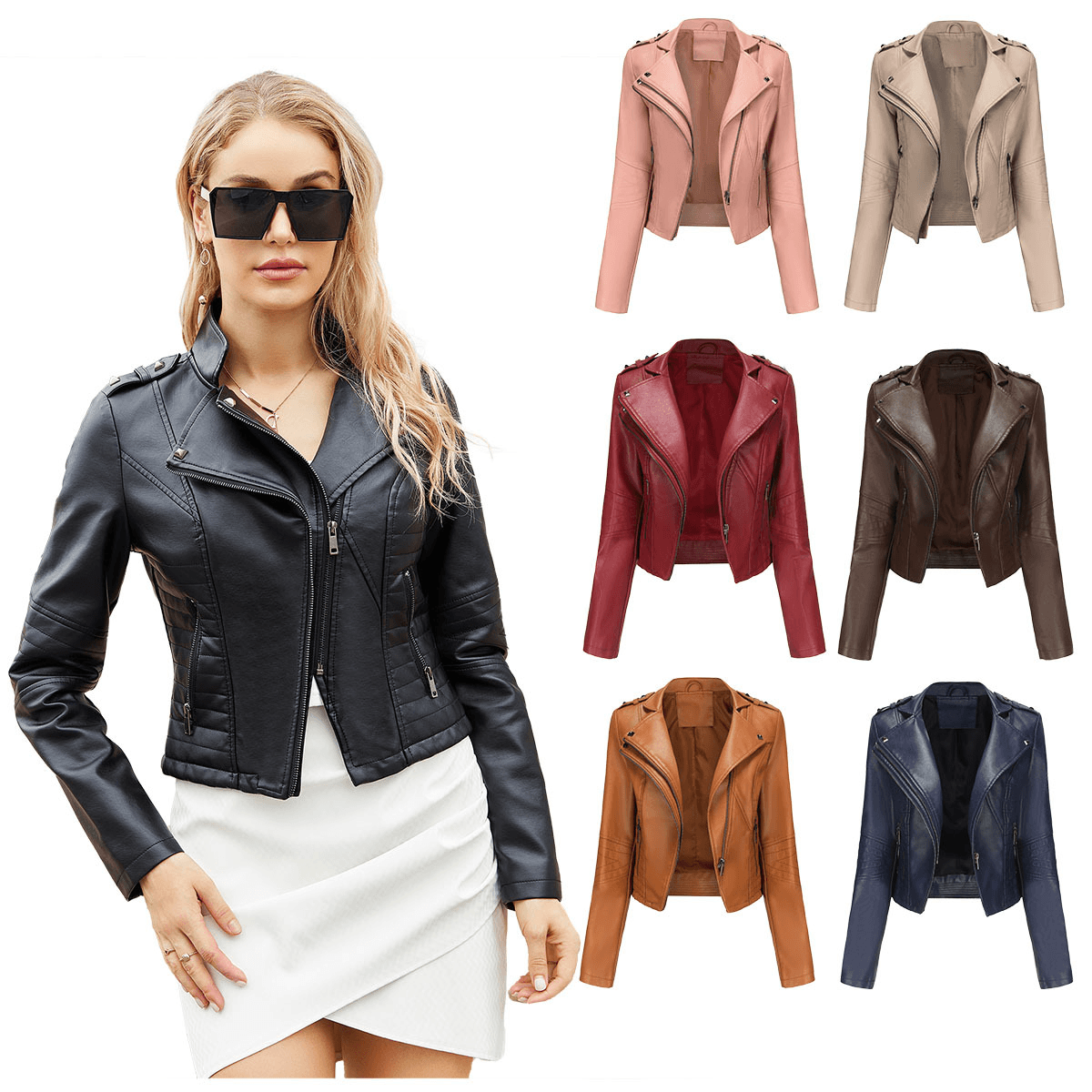 Women's Clothing New Slim Long Sleeve Spring And Autumn Leather Coat Female Rivet Popular Short Small Coat Zipper Leather Jacket