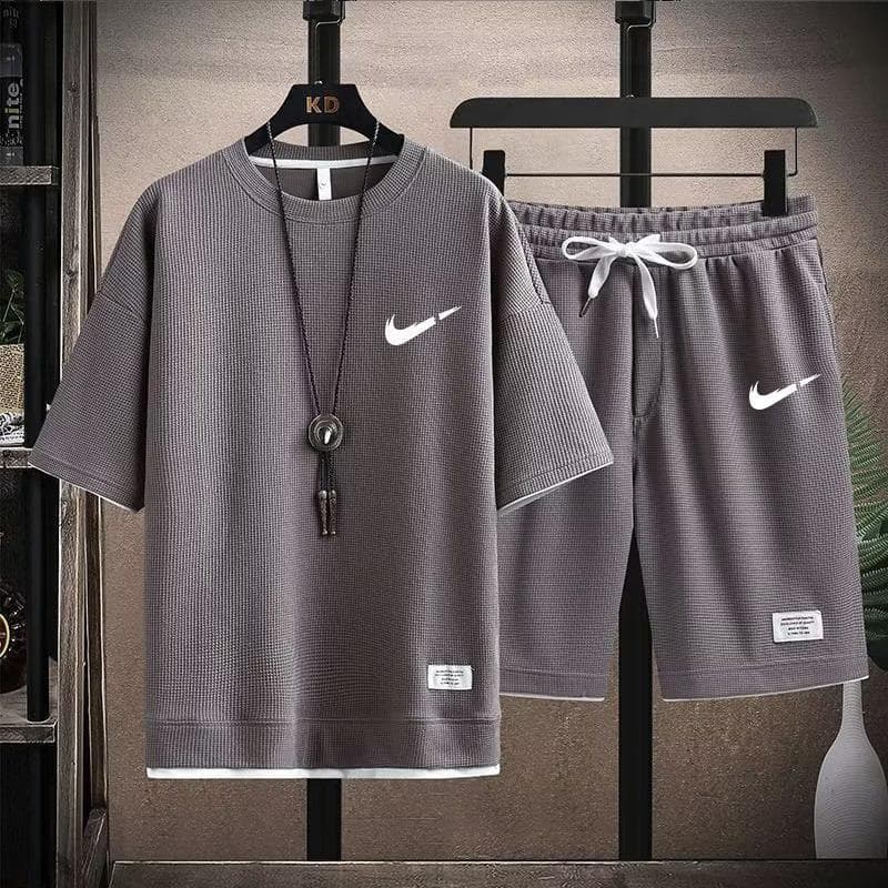 Gaufre T-shirt hommes deux pièces ensemble Couple ample mode grande taille 5/4 pantalon extérieur décontracté