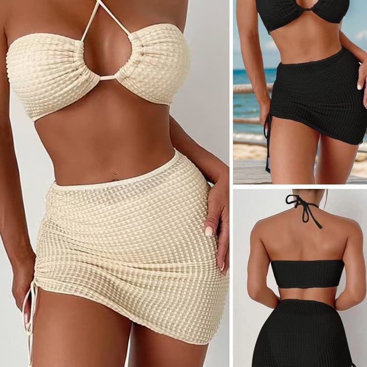 Solid Color Halter Neck Bikini Set Three Piece Swimsuit Sexy Skirt Two Piece Women's Cross Border European American Style