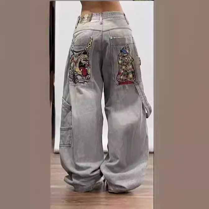 Women's Clothing Y2K Gothic style jeans for men high street personality pattern loose straight wide leg jeans