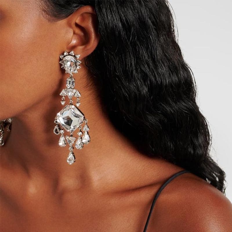 European And American Fashion Water Drop Tassel Ear Clips Personality Rhinestone Earrings High-end Elegant Accessories