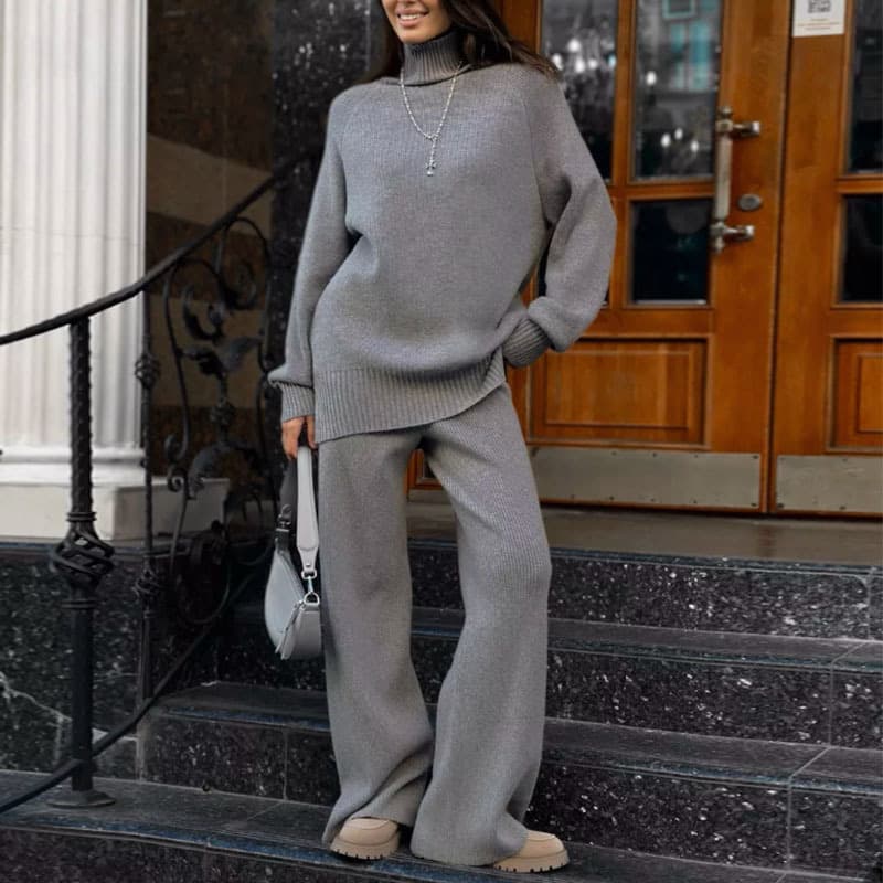 Women's Knit Turtleneck & Wide-Leg Pants Set -Spandex Lounge-to-Street Coord (S-L, Machine-Washable, Grey/Coffee, Anti-Pilling, Wrinkle-Free)