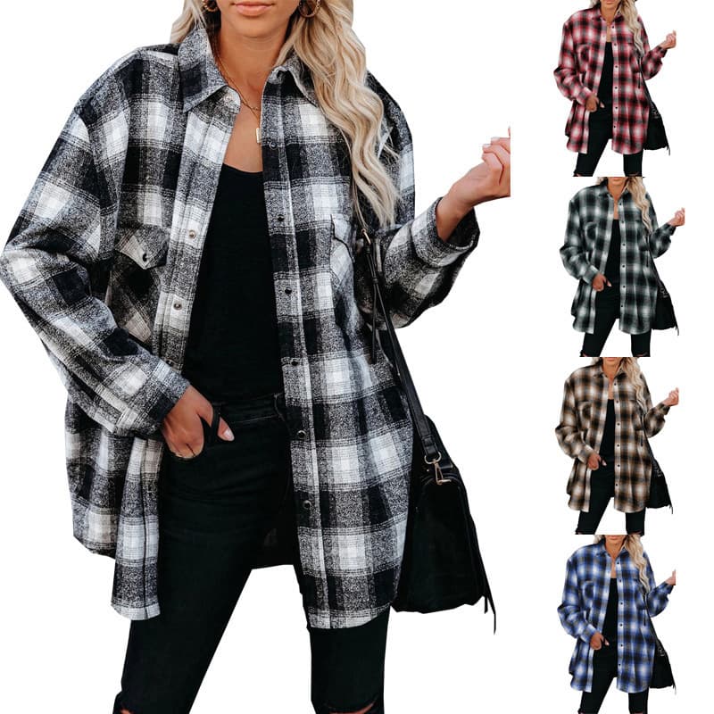 Girl 2022 European And American Autumn Winter New Plaid For Women Foreign Trade Mid-Length Loose Turn-Down Collar