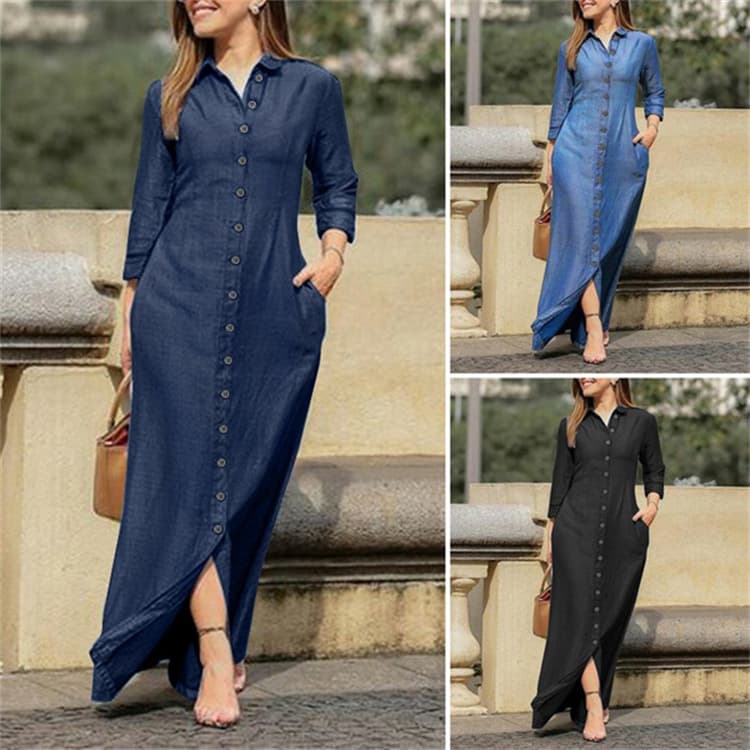 Denim Shirt Collar Dress With Pockets - Casual Flared A-Line Maxi Dress For Women (S-5XL, Dark Blue/Black/Light Blue)