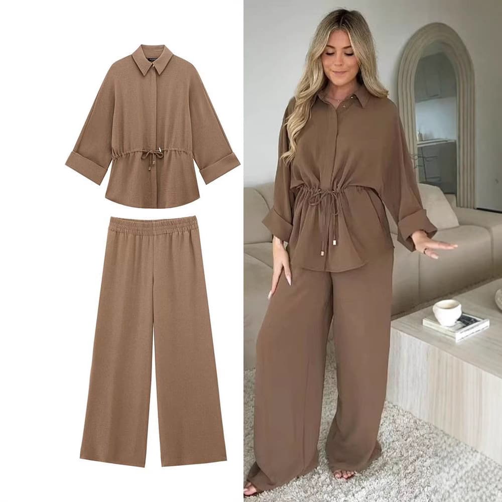 Women's Clothing Spring New Fashion Leisure Vertical Long Sleeved Lapel Shirt Trousers Suit