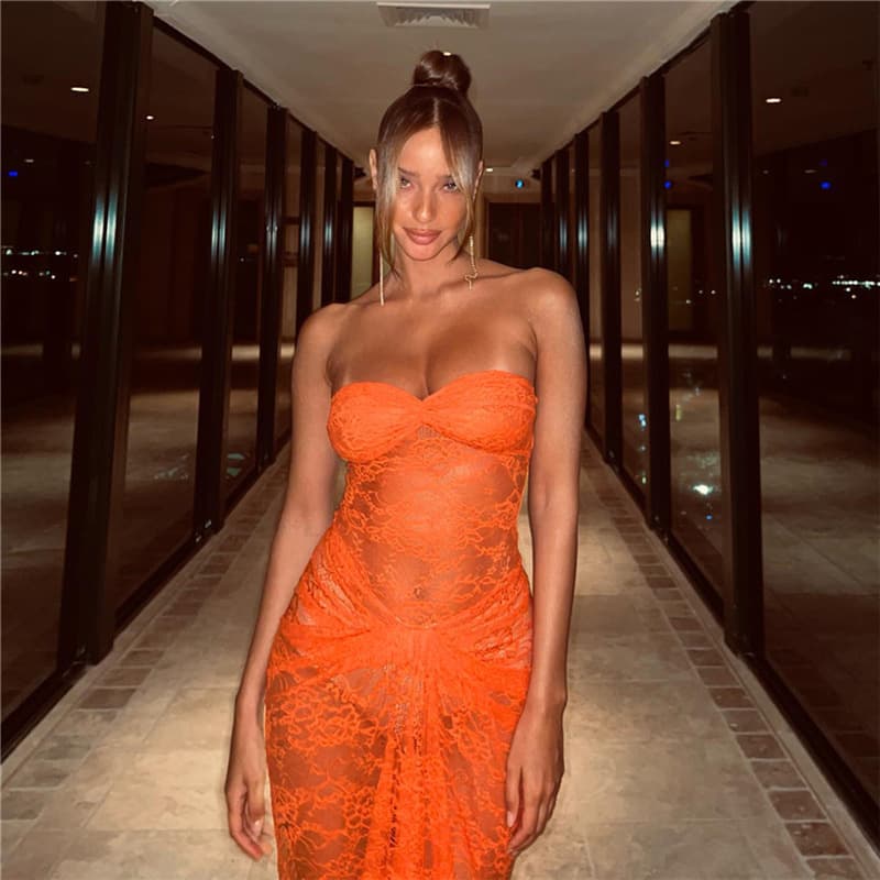 Women's Clothing New Women's Fashion Sexy Wrapped Chest Lace Perspective Slim Hip Solid Color Dress