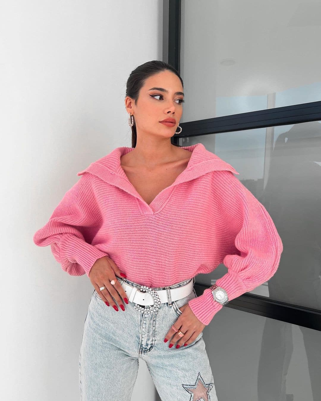 Women's Clothing autumn and winter hot style lazy loose lantern sleeves open collar pullover women's short sweater