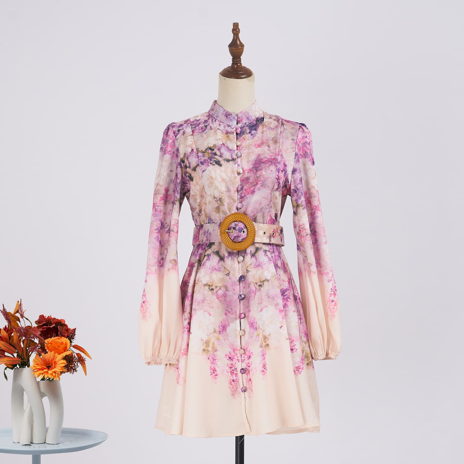 Australian Design Dress With Belt Long Sleeves Printed Pattern Single Breasted Short Skirt Dress