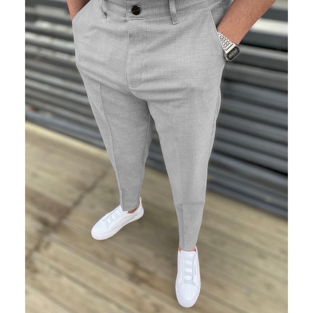 Men's Mid-Waist Solid Color Trousers Slight Elastic Casual Pants