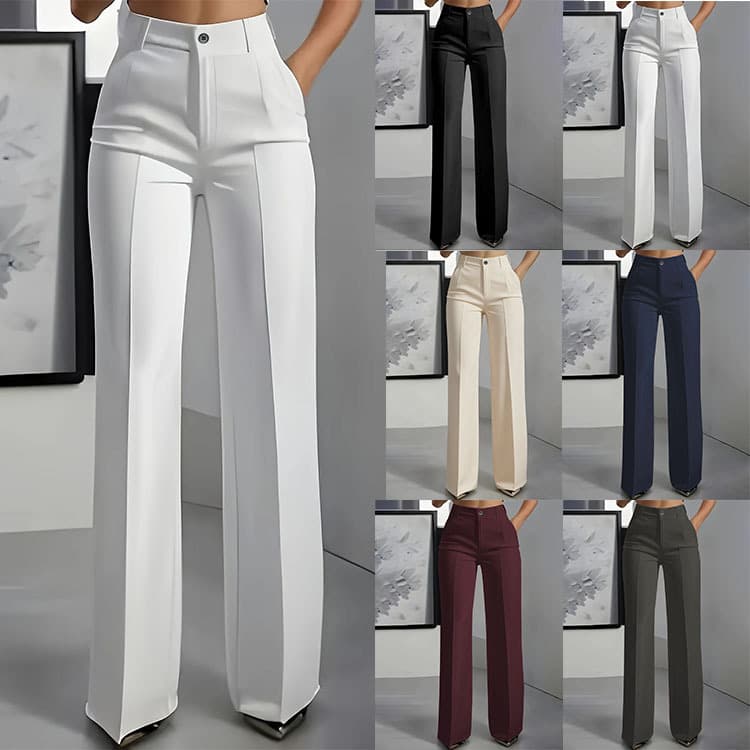 Women's High-Waisted Straight Leg Pants – Flowy Wide-Leg Dress Pants | Polyester Trousers | 8 Classic Colors | S-3XL