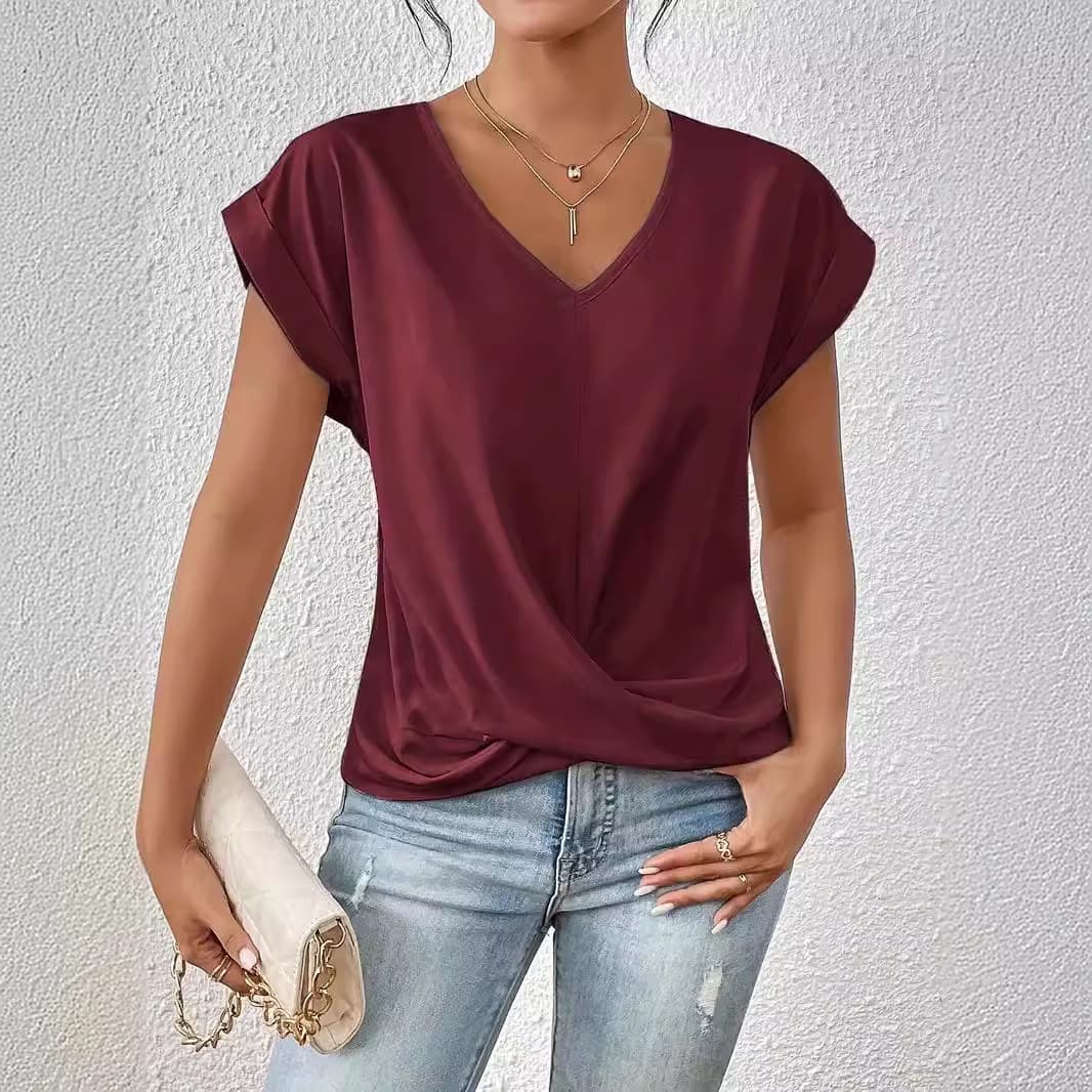 Women's Clothing Women's Elegant V-Neck T-Shirt Solid Color Short Sleeve Top For Spring And Summer Fashion Comfortable Fit
