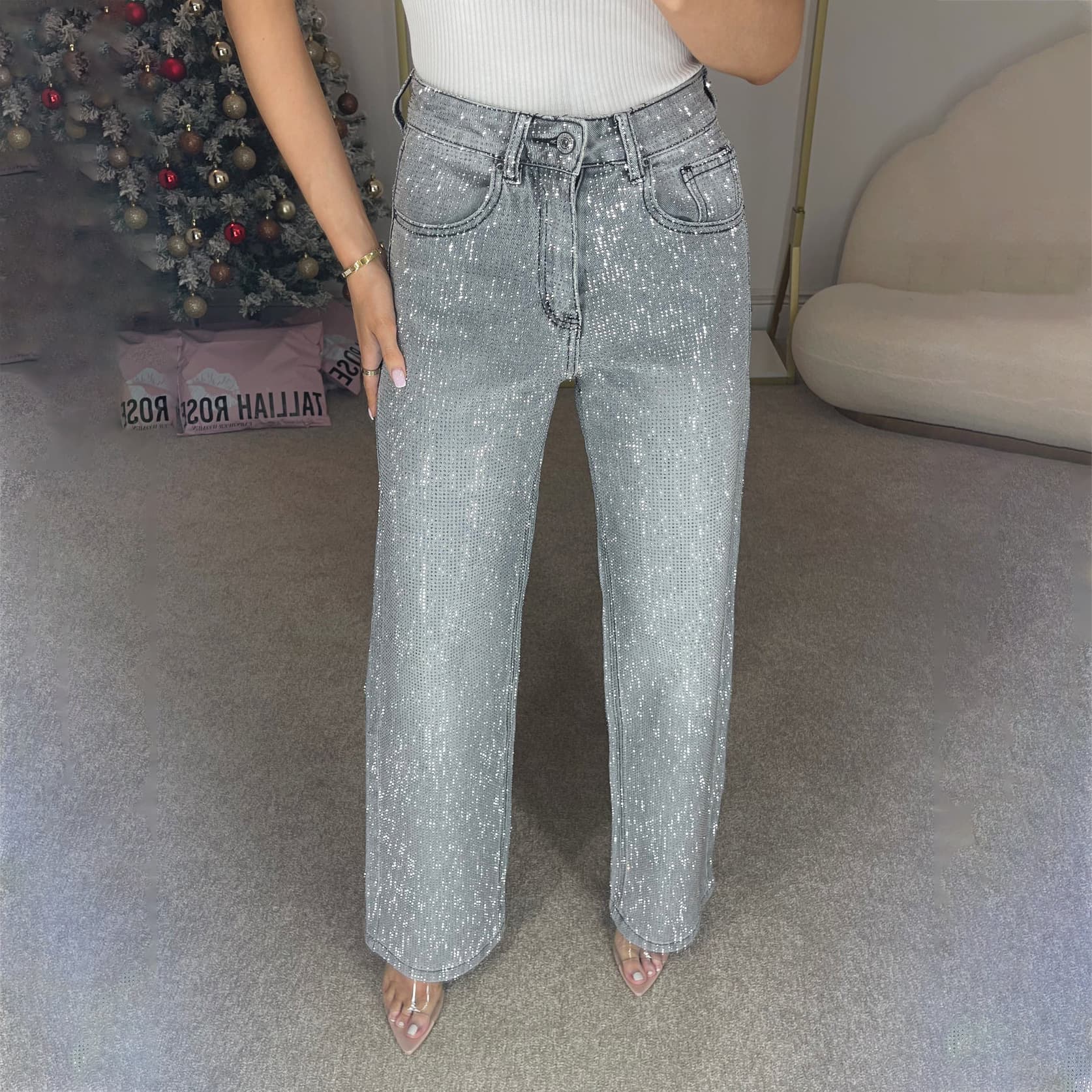 Women's Clothing Full Diamond Washed Jeans For Women, High End Low Waist Straight Trousers, Personality Hot Girl High Street Trousers