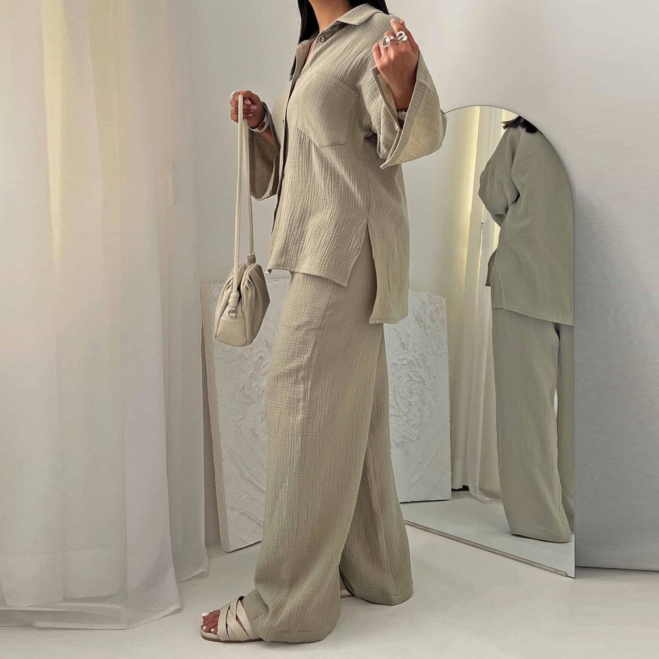Women's Clothing Autumn Fashion Wrinkled Long Sleeved Shirt High Waisted Wide Leg Pants Suit