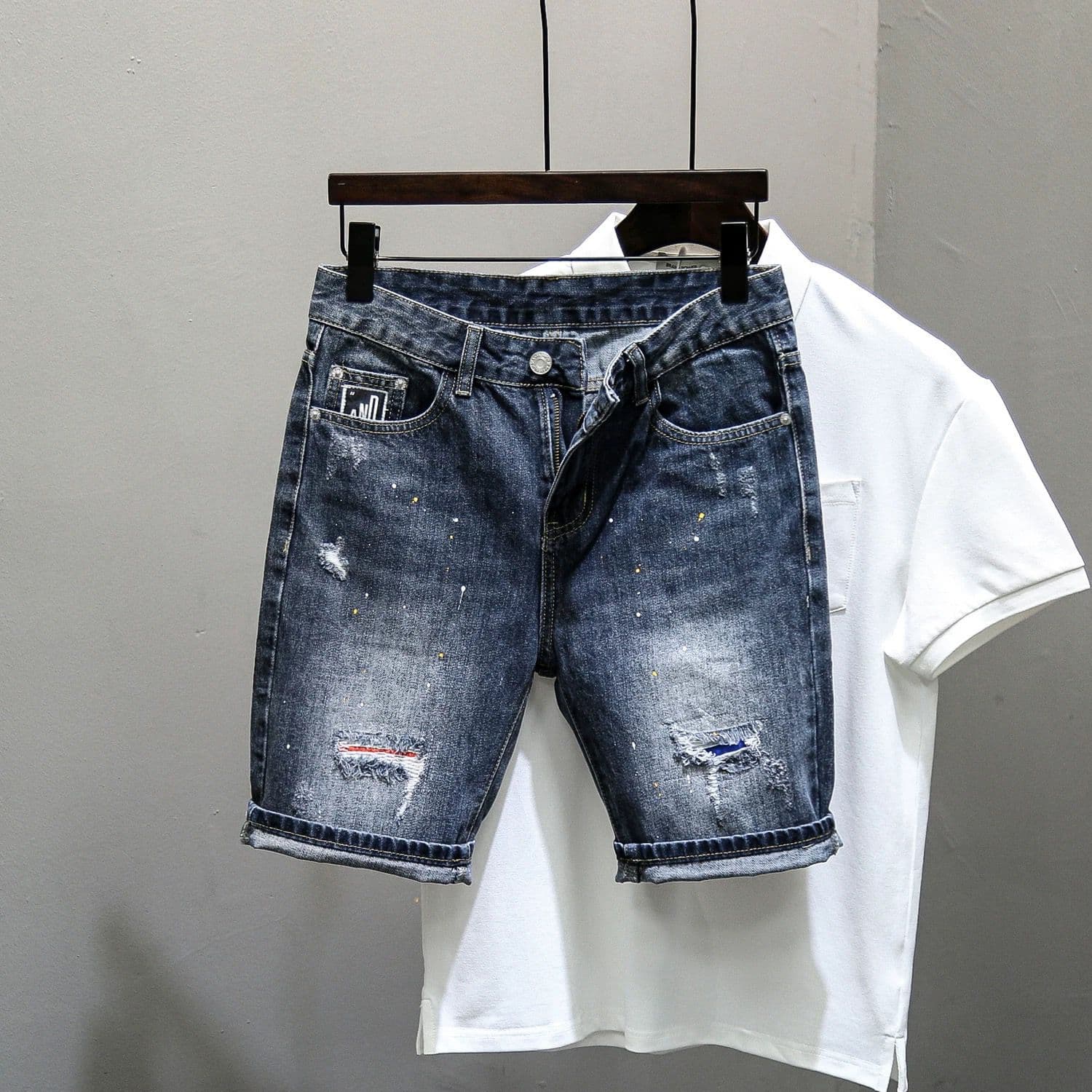 Men's Clothing New Style Trendy Brand Slim Straight Texture Trendy Scraped Beggar Shorts Shorts