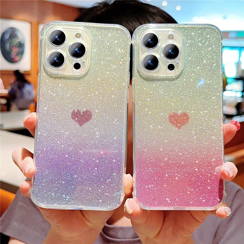 Glitter Love Heart Phone Case For iPhone 11 12 13 14 15 Pro Mini X XS Max XR 7 8 Plus Shockproof Soft Gradient Laser