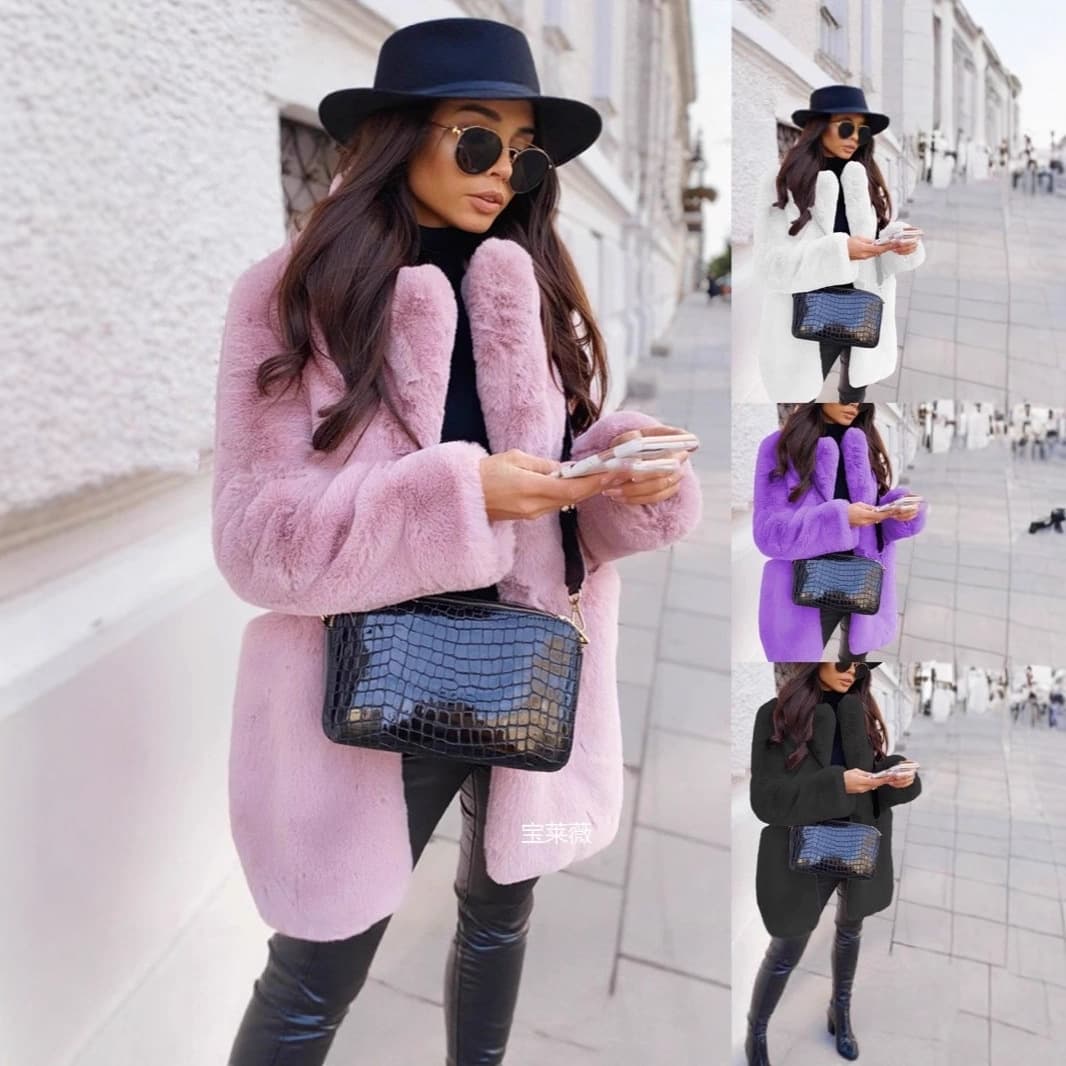 European And American Style Long Sleeved Lapel Faux Fur Coat, Solid Color, Warm Mid Length Coat, Women's Finely Knitted Rabbit Fur Top.