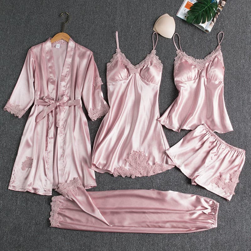Pamas women summer ice silk sexy hot home dress spring and autumn long sleeve thin large size robe five sets bathrobe