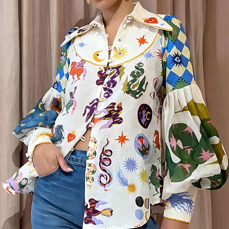 Women's Clothing Loose Casual Cartoon Printed Lapel Single-breasted Long-sleeved Shirt