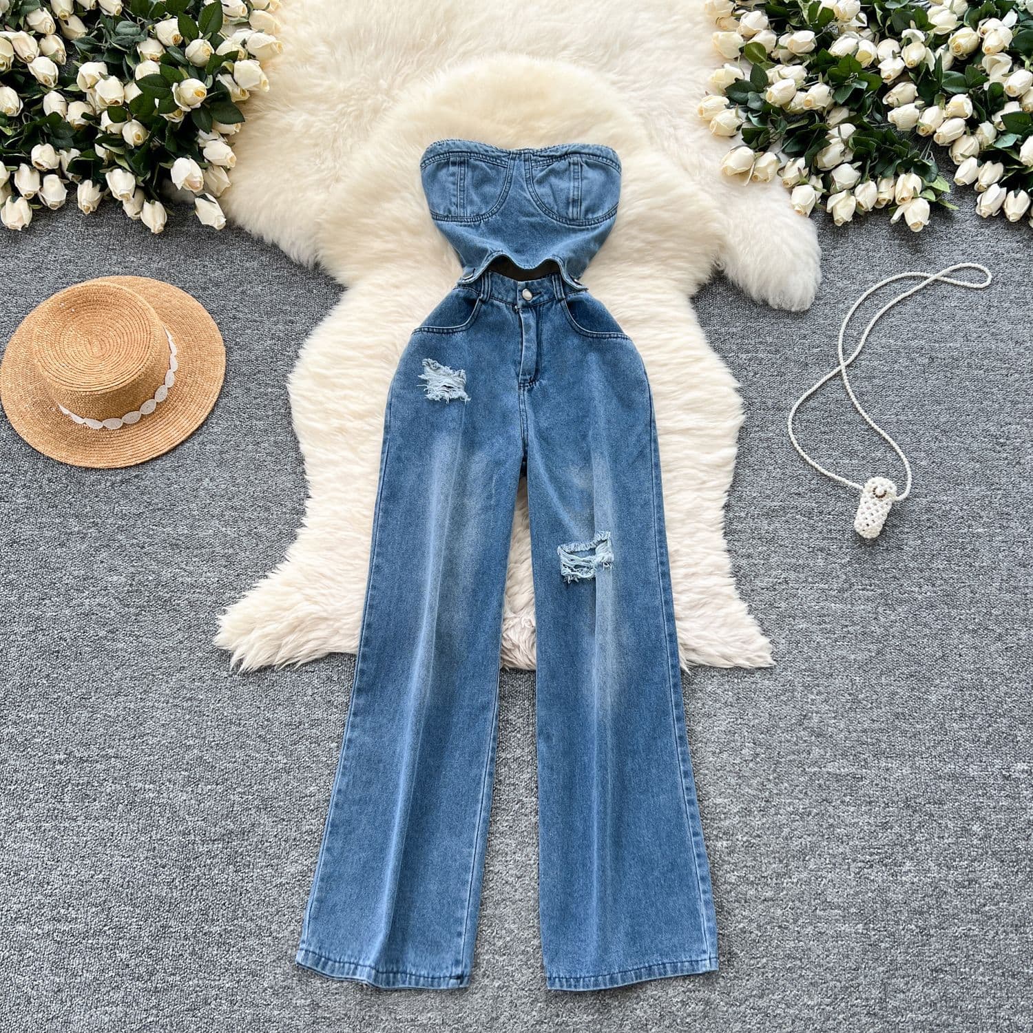 Women's Clothing Chic Internet Celebrity New Design Sense Hollow Sleeveless High Waist Slimming Hole Casual Denim Jumpsuit