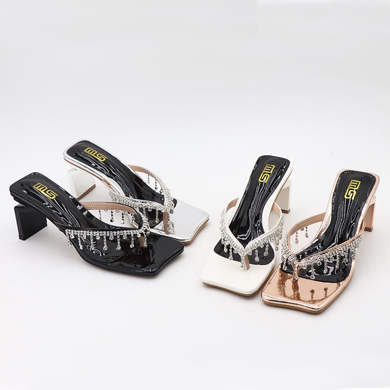 MS Women's Summer Fashion Square Toe Rhinestone High Heel Sandals - Comfortable Wide Fit Strappy Slides With Chunky Heel (Black/White/Gold/Silver)