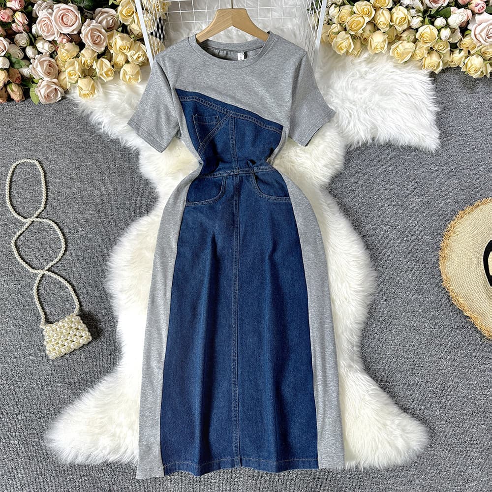 Short-sleeved splicing denim dress for women summer waist slimming temperament casual long skirt