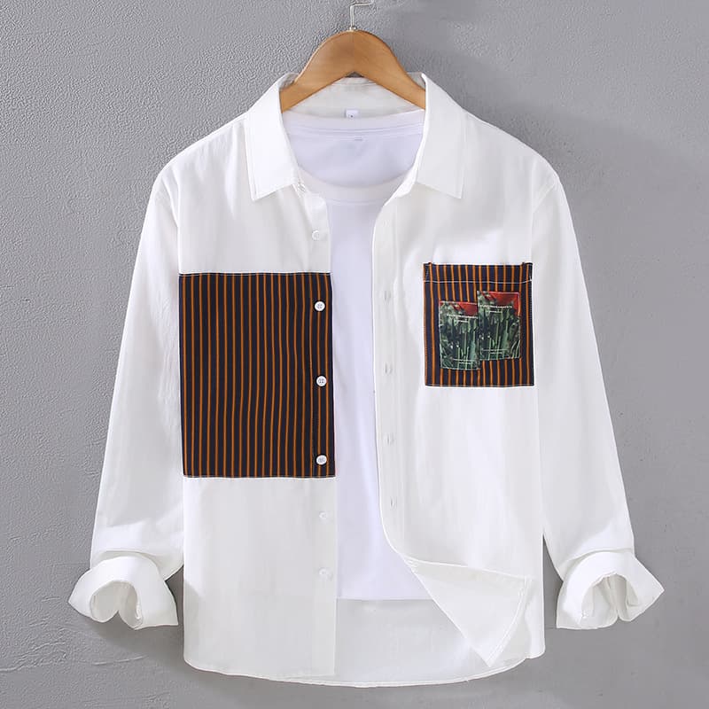 Men's Japanese casual color contrast pure cotton long sleeved shirt, loose and handsome in spring and autumn, versatile and trendy work shirt