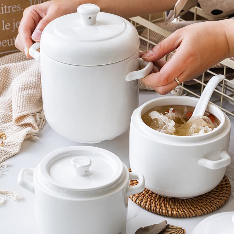 White Double Handled Stew Pot With Lid For Steaming Eggs And Soups Home And Commercial Use Baby Safe Kitchenware