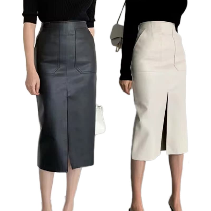 "Women's Slim Fit Leather A-Line Skirt With High Slit, Autumn Fashion Staple, European & American Style, Versatile For Casual & Office Wear"