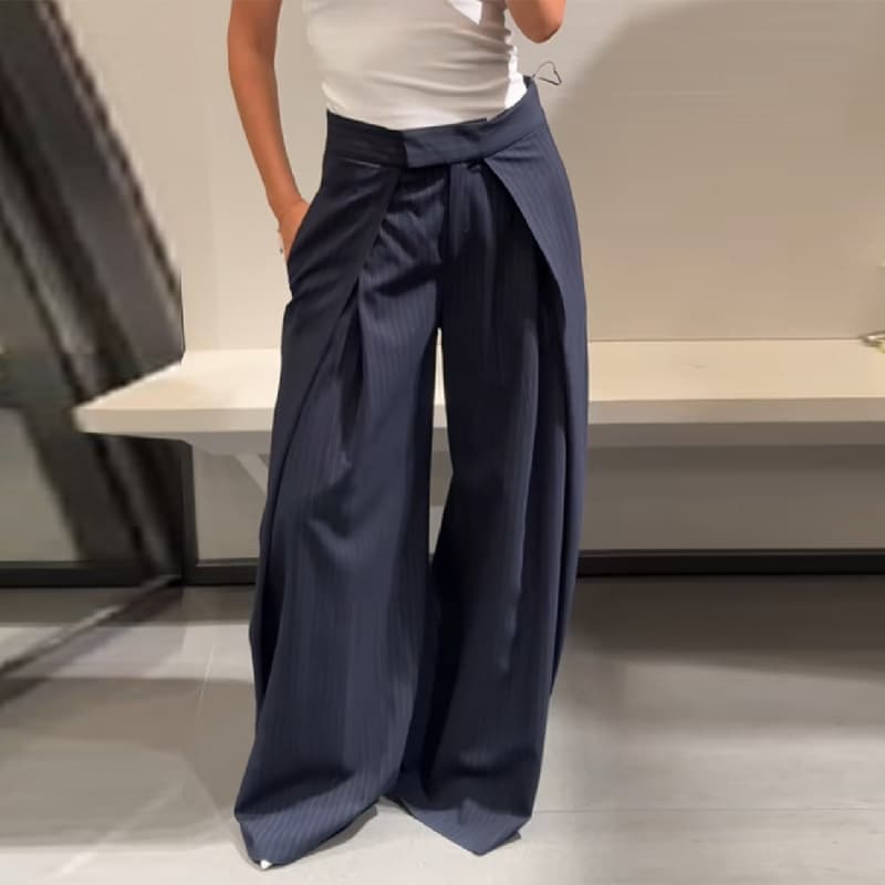 Women's Clothing Suit Pants Elegant Wide-Leg Striped Trousers For Women - High Waist Office Pants, Comfortable Polyester Blend, Classic Straight Cut