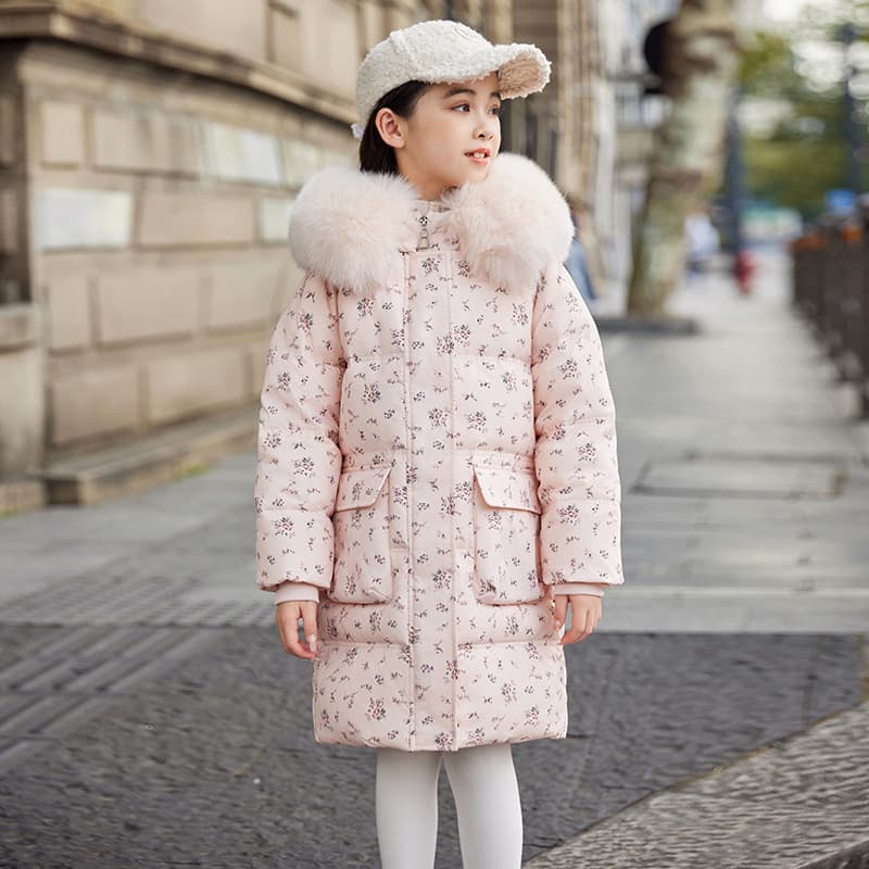 Korean-Style Girls' Down Jacket - Mid-Length Winter Coat With White Duck Down (3-8Y) - Pink/Beige - Thickened Warmth For Cold Days