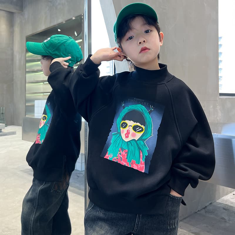 Boys' printed hoodie for spring and 2024 new style, boys' outfit, long sleeved base shirt, mid size children's autumn