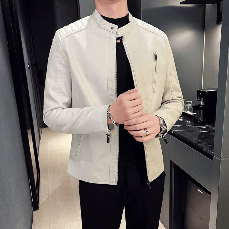 Autumn And Winter New Men's Biker Leather Jacket Thin Cardigan Long-sleeved Slim Handsome Fashion Unique Zip Cuff Design