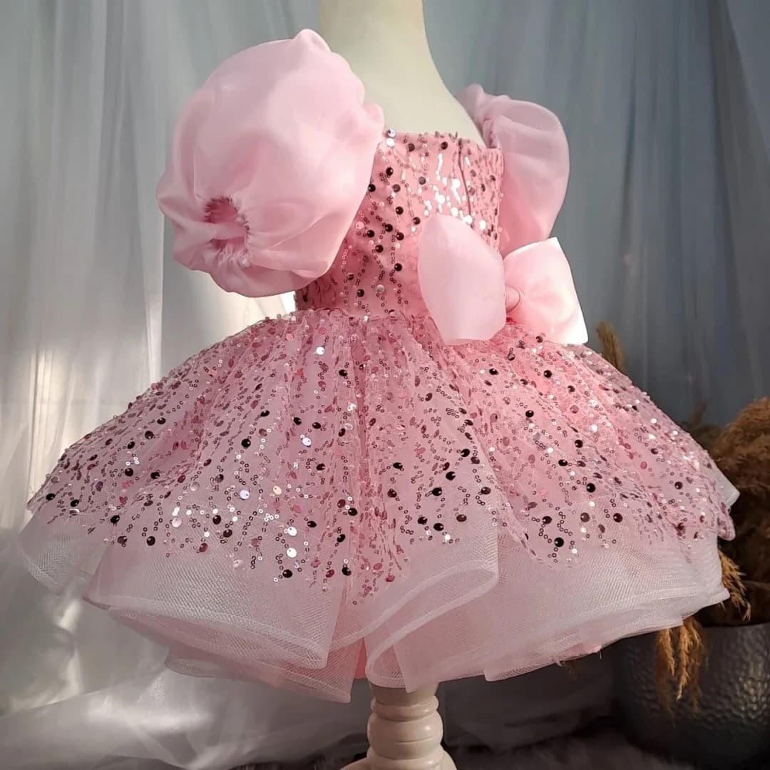 Mother & Kids Princess Dress For 1 Year Old Baby Girl Sequined Performance Costume Autumn Pink Fashion Show Outfit