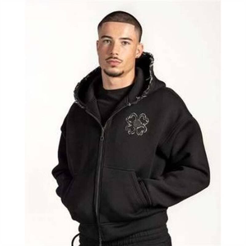 Ensemble sweat-shirt et pantalon décontractés, style rétro américain Y2K, gris-noir-vert, coupe ample, fermeture éclair et capuche.