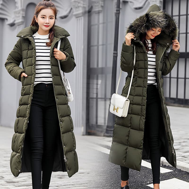 Winter new style lace-up long cotton coat for women Korean version over the knee thickened warm hooded solid color large fur collar Warm jacket cotton coat