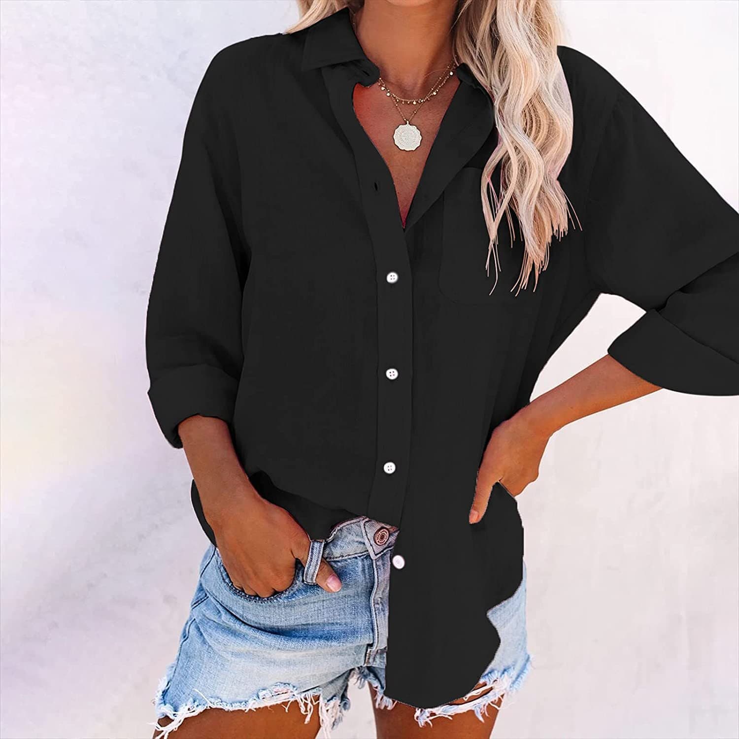 Women's Clothing New Fashion Solid Color Pocket Long Sleeve Shirt Loose Shirt