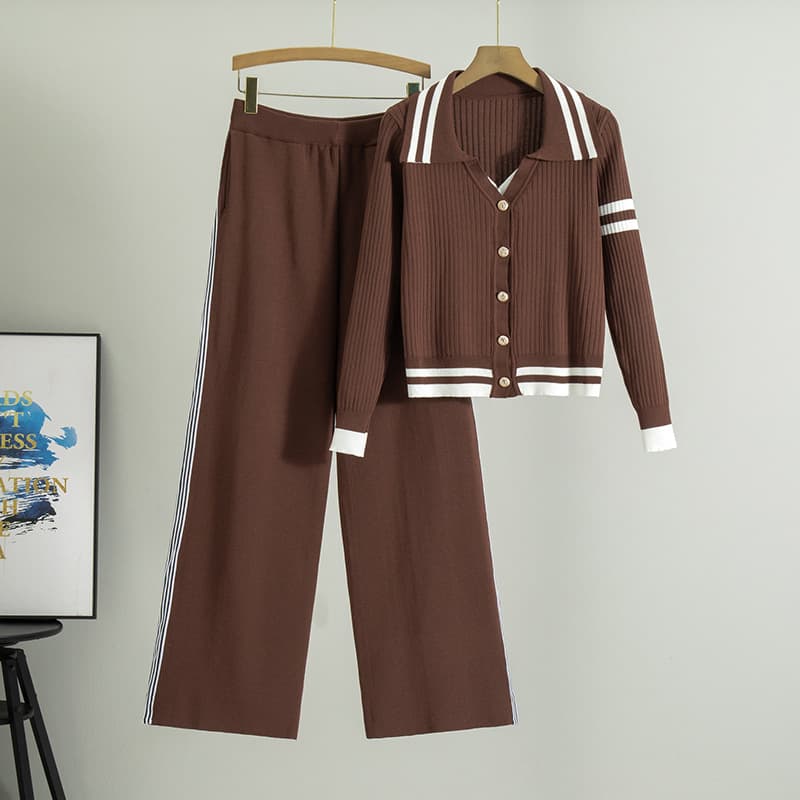 Women's Clothing Striped Contrast Color Knitted Cardigan Suit Women's Spring V Neck Top Coat High Waist Wide Leg Pants Two Piece Suit