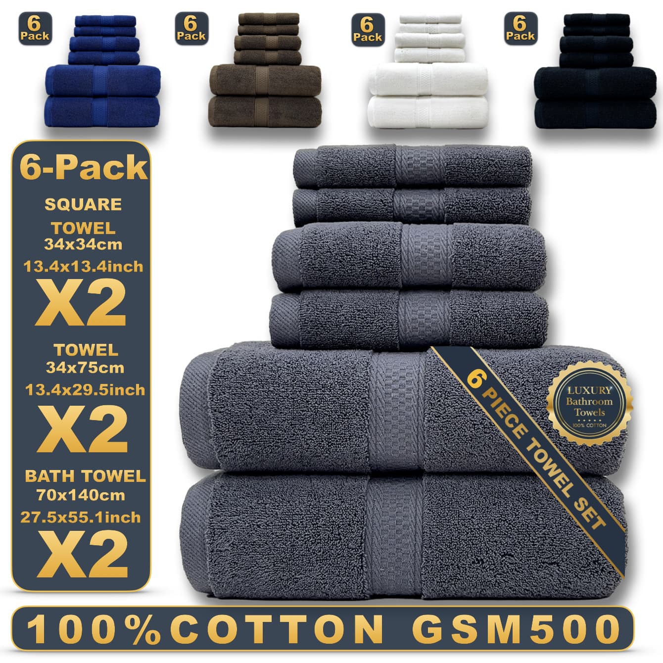 6-Piece 100% Cotton Bath Towel Set - Super Absorbent & Soft Includes Bath Towel Hand Towel & Washcloth Luxury Home & SPA Use