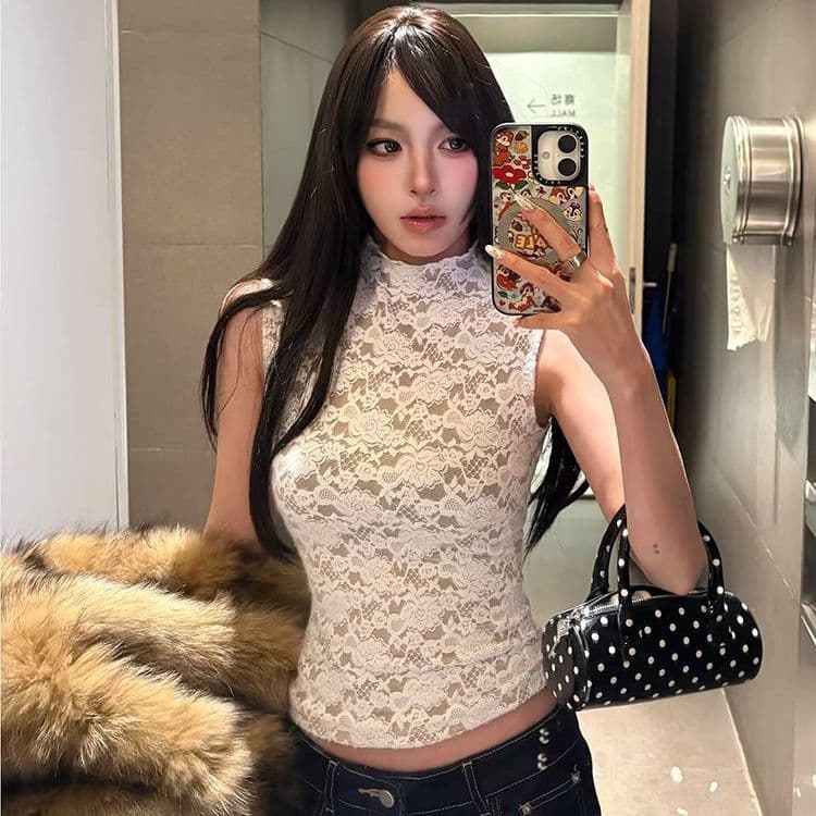 American-style Spicy Girl Lace Sleeveless Half-high-neck T-shirt For Women, White, Slimming Design, Niche, Slim-fit