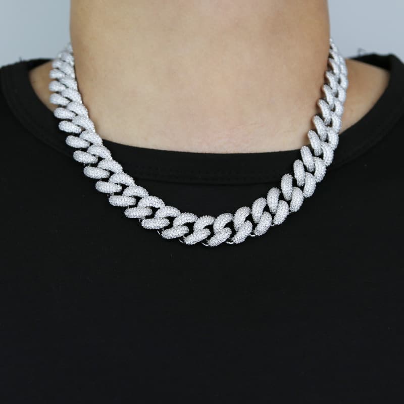 Hip Hop Cuban Link Chain Necklace For Men And Women, Geometric Design With Diamond Accents, Adjustable Length 46-51cm, Silver Tone
