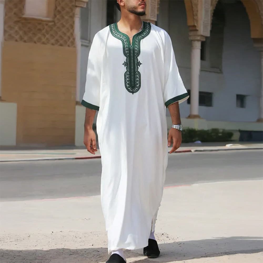 Premium Men's Embroidered Long Robe - Loose Fit Traditional Thobe For Prayer & Daily Wear