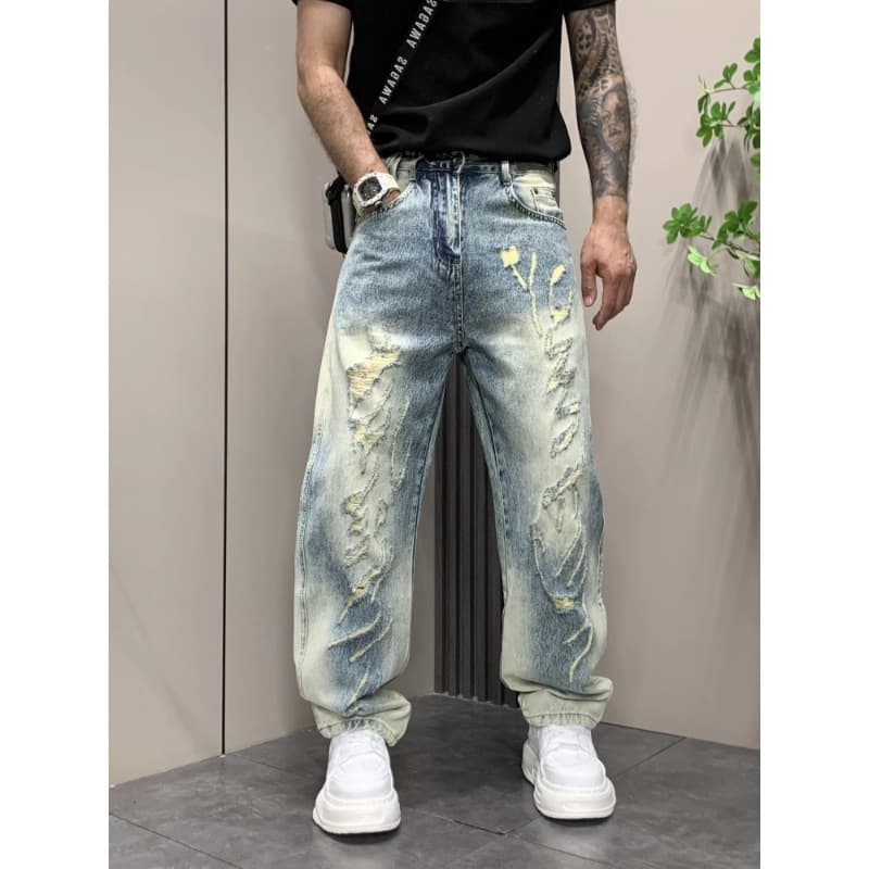 Distressed Washed Ripped Jeans – Men's Slim Straight Cropped Denim Pants (S-3XL, Vintage Streetwear, Hip-Hop Style)